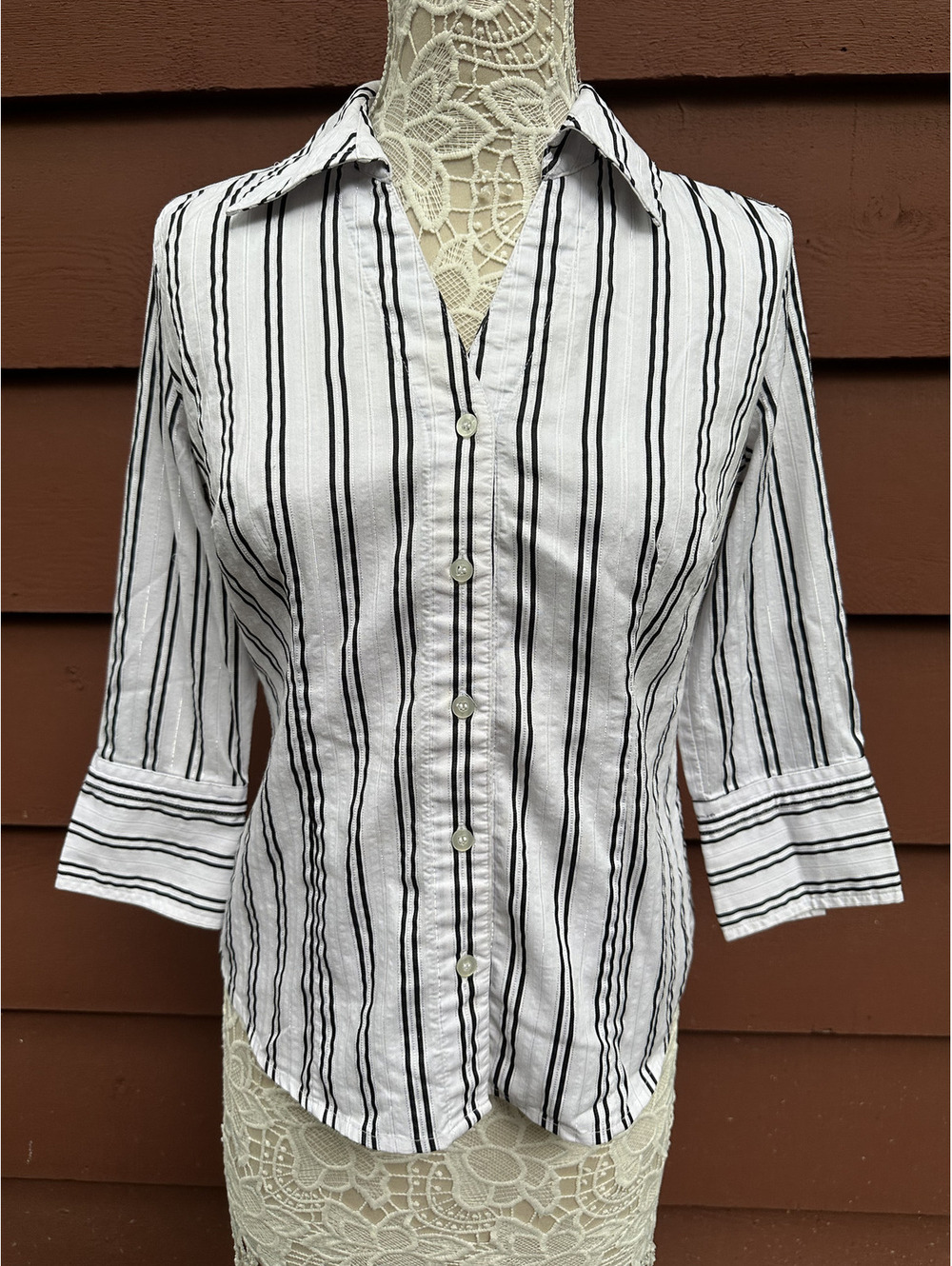 Alfani White and Black Vertical Stripe Button Up Shirt